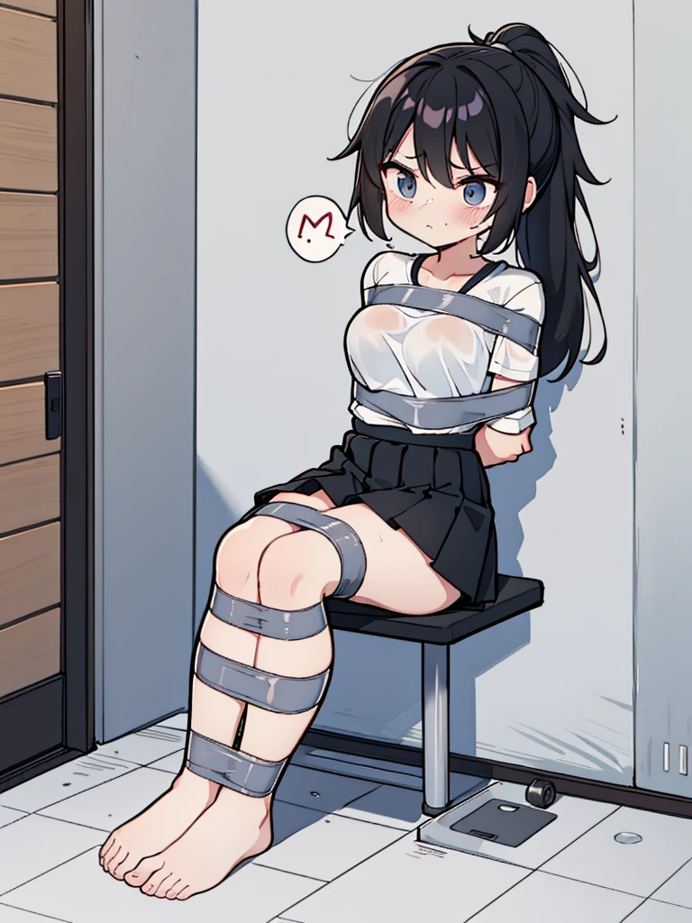 Correct human body structure,perfect,Black ponytail,((young cute girl)),Full body pictures,tape bondage,Put your hands behind your back,alarmed,blush,wet clothes,white T-shirt,black short skirt,bare legs bare feet