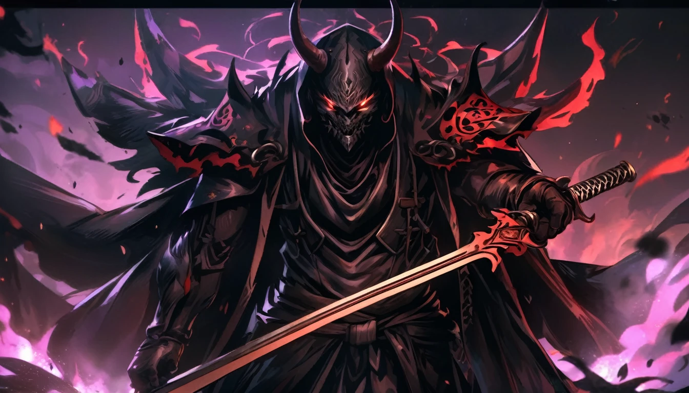 demon mask, sword on the hand,close up, black heavy detailed clothes, hand katana, art, dark and malevolent, hand sword, armor, powerful and intimidating, (masterpiece, best quality, ultra-detailed, best shadow), (detailed background, dark fantasy) dramatic light, intricate details, dark and malevolent, powerful and intimidating, Dark and foreboding, malevolent force, sinister and chilling, armor, high detailed background, girl in demon slayer art, demon slayer art style, epic anime art, God death