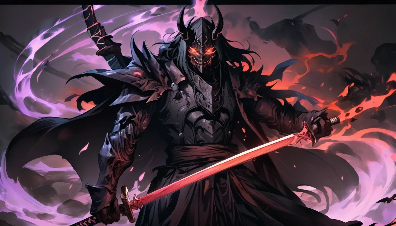 demon mask, sword on the hand,close up, black heavy detailed clothes, hand katana, art, dark and malevolent, hand sword, armor, powerful and intimidating, (masterpiece, best quality, ultra-detailed, best shadow), (detailed background, dark fantasy) dramatic light, intricate details, dark and malevolent, powerful and intimidating, Dark and foreboding, malevolent force, sinister and chilling, armor, high detailed background, girl in demon slayer art, demon slayer art style, epic anime art, God death