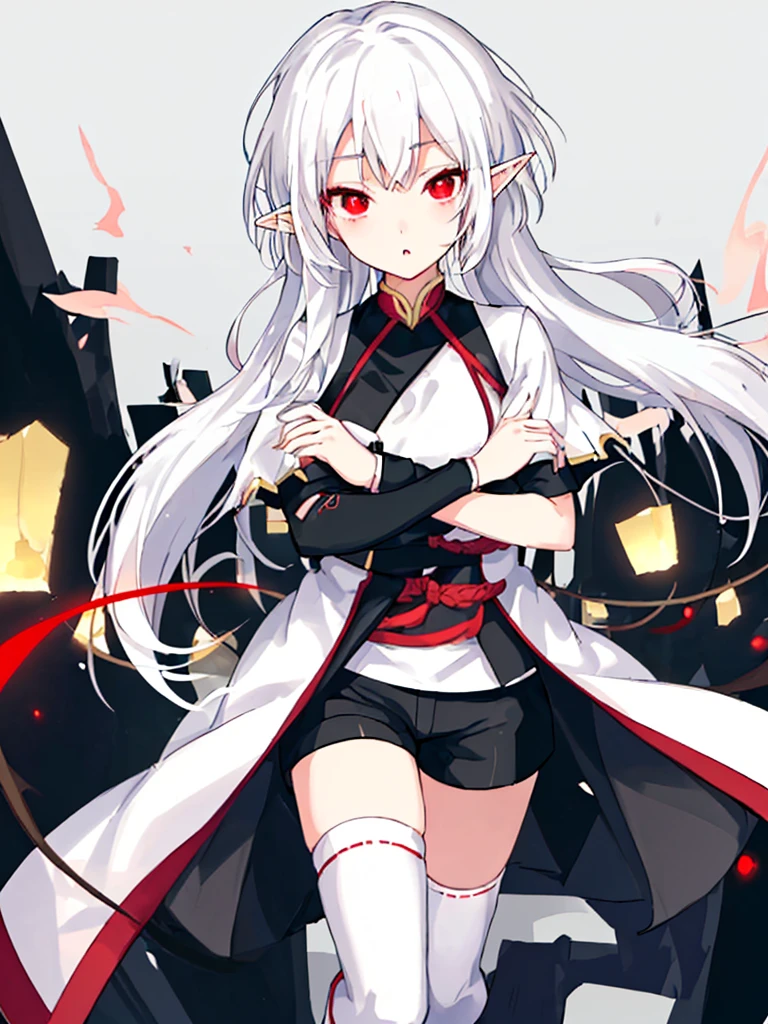 美Girl，High  Students，White hair，Elf耳，Short ears，dating competition，Elf，Girl，Match the picture，Same outfit as in the picture，More nuanced，More delicate，HD，Ultra-clear，whole body，detail，picture-perfectface，Normal hand，Cross your arms，Tomboy，Red pupil，红色横条纹Over the knee socks，Short shorts,Boots，Over the knee socks，No background,Standing