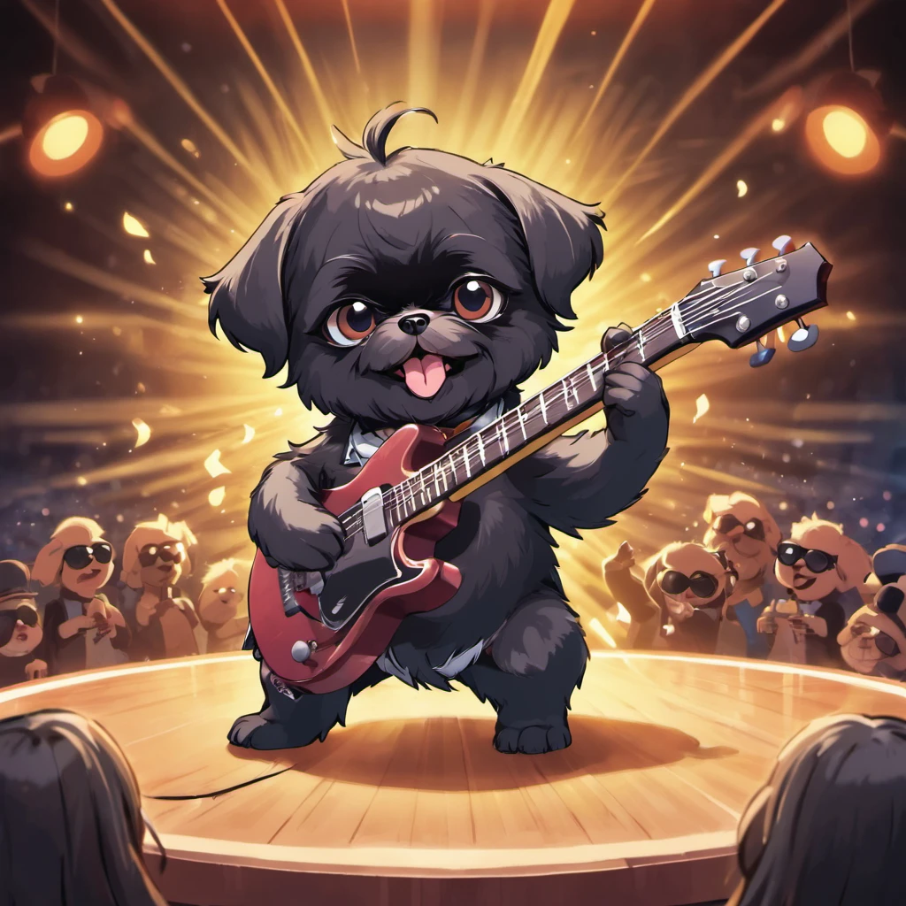 Two Adorable small happy black Shih Tzu puppies playing guitar on a concert stage wearing sun glasses Pixar style cartoon 3D music notes in background