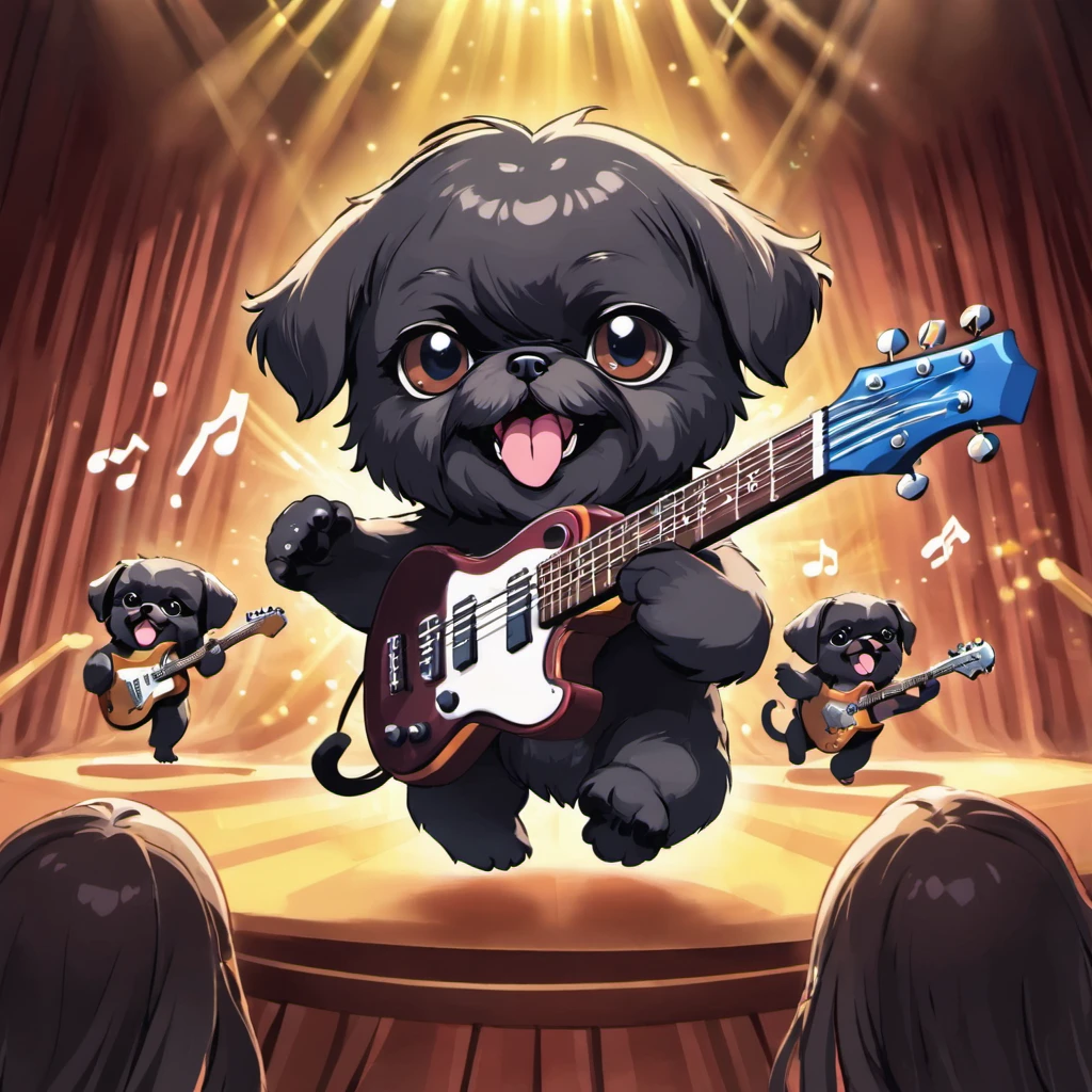 Two Adorable small happy black Shih Tzu puppies playing guitar on a concert stage wearing sun glasses Pixar style cartoon 3D music notes in background