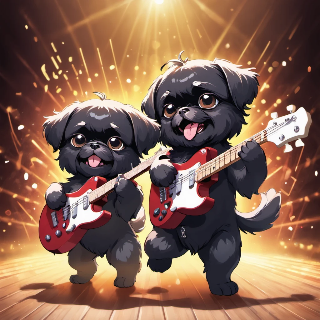 Two Adorable small happy black Shih Tzu puppies playing guitar on a concert stage wearing sun glasses Pixar style cartoon 3D music notes in background