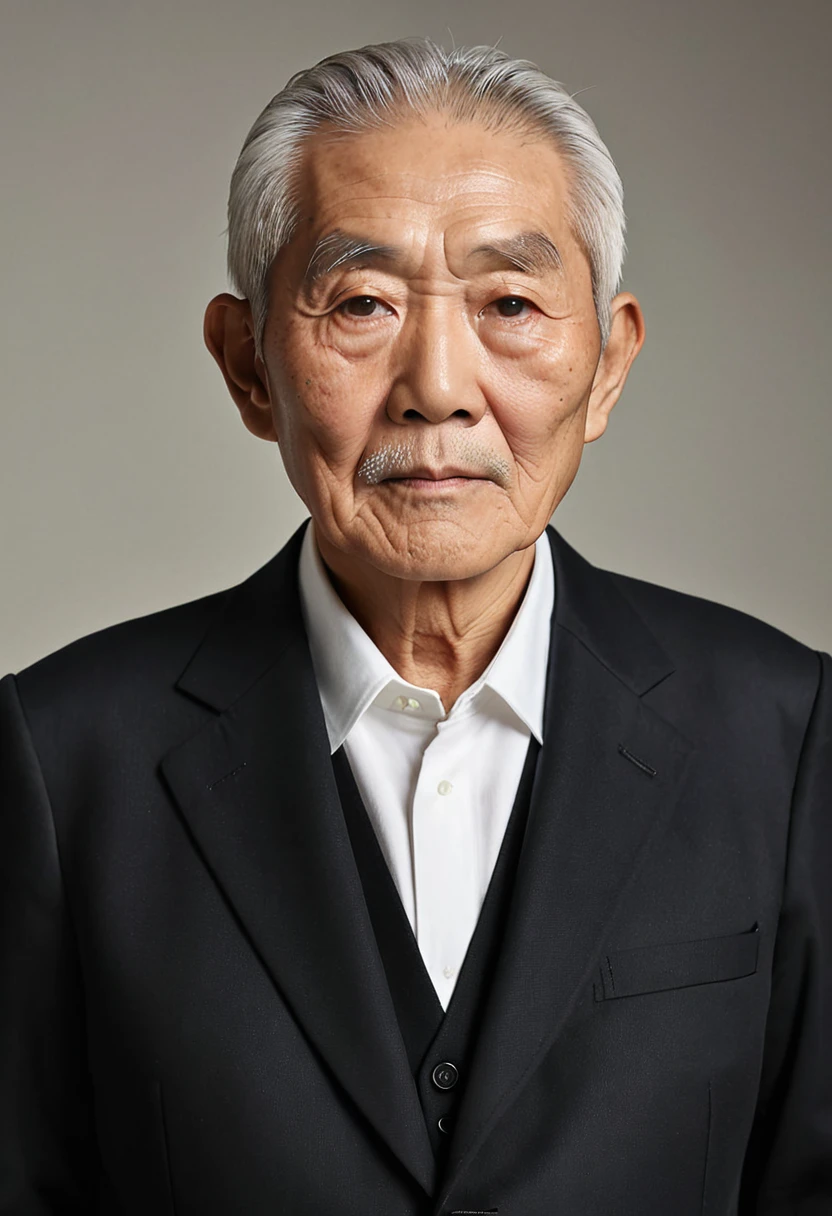 Create a realistic portrait of an elderly Japanese man with a calm and composed expression. He has short, neatly cut hair and is wearing a black suit jacket over a white shirt. The background should be simple and neutral to keep the focus on the man. The portrait should highlight his wise and dignified appearance.
