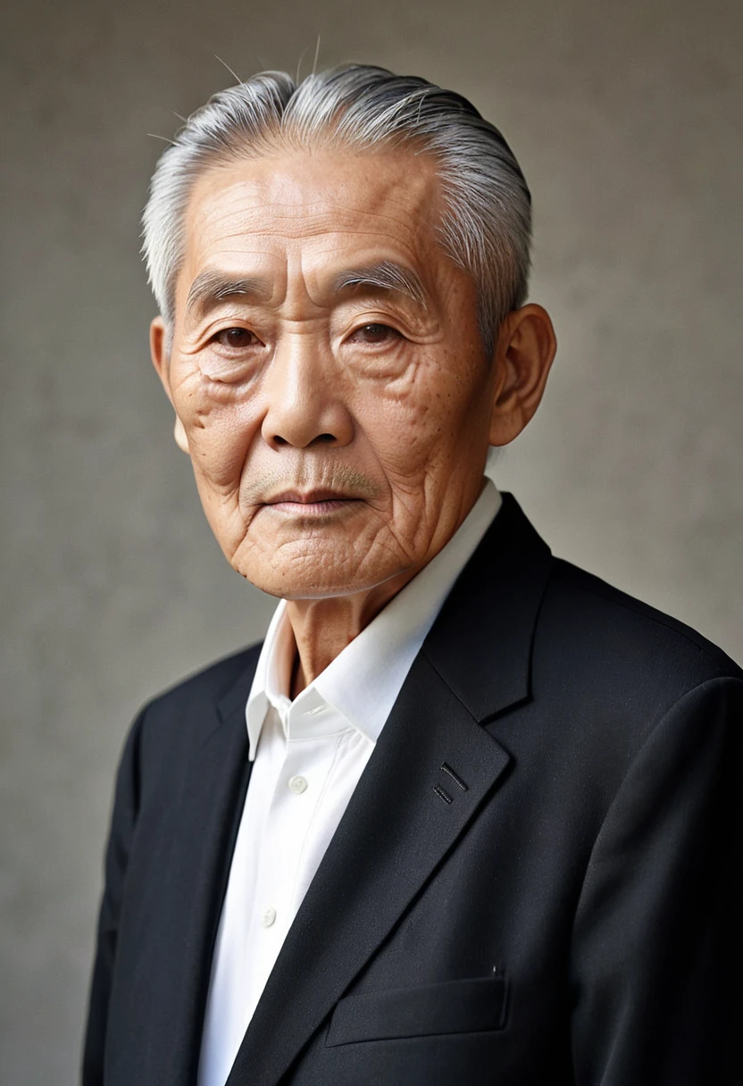 Create a realistic portrait of an elderly Japanese man with a calm and composed expression. He has short, neatly cut hair and is wearing a black suit jacket over a white shirt. The background should be simple and neutral to keep the focus on the man. The portrait should highlight his wise and dignified appearance.
