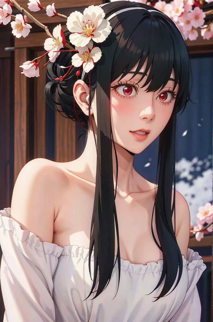 nude, Youghal, (Mature, bangs, side lock, red eyes, black hair, hair ornaments, Popping milk 3),girl portrait, (face:1.2), Female student, 笑face,bare shoulders, black hair, Cherry Blossom), willow branches, (Masterpiece of the highest quality :1.2), NSFW
