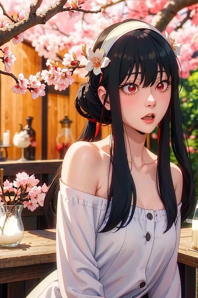 nude, Youghal, (Mature,  bangs, side lock, red eyes, black hair, hair ornaments, Popping milk 3),girl portrait, (face:1.2), Female student, 笑face,bare shoulders, black hair, Cherry Blossom), willow branches, (Masterpiece of the highest quality :1.2),  NSFW
