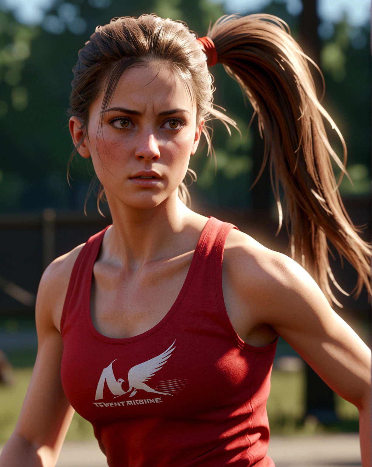 (masterpiece)(accurate)(perfect anatomy) photo realistic, 1girl, running stance, red crop top, tattered shirt (torn shirt 1.8), upper torso, cinematic motion, serious expression, ponytail, very long hair, (motion blur 1.2) super detailed, twenty degrees side view, perfect eyes, unreal engine, epic realism, 8k, dramatic lightning, motion blur background