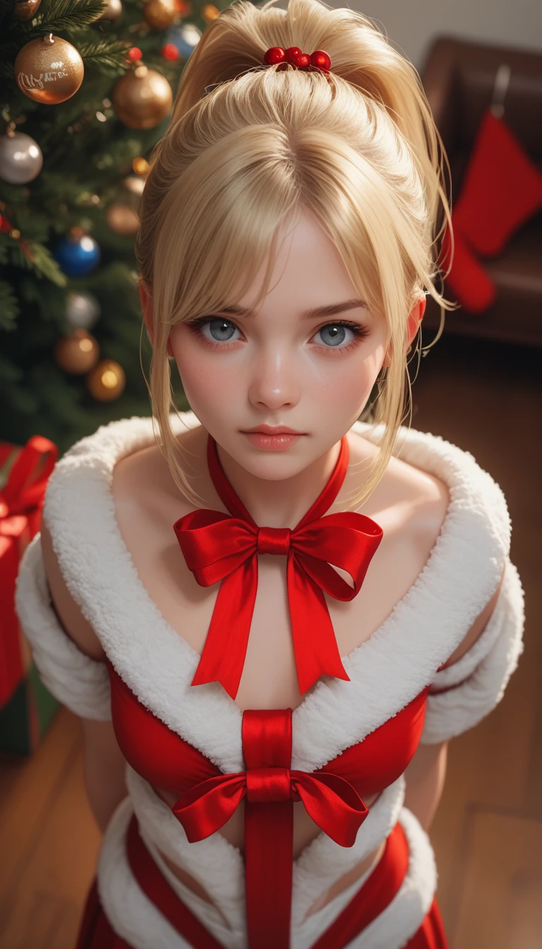 cinematic film still score_9, score_8_up, score_7_up, 1girl, blonde hair, ponytail, christmas tree, girl wrapped in red ribbons, front view, from above, wariza