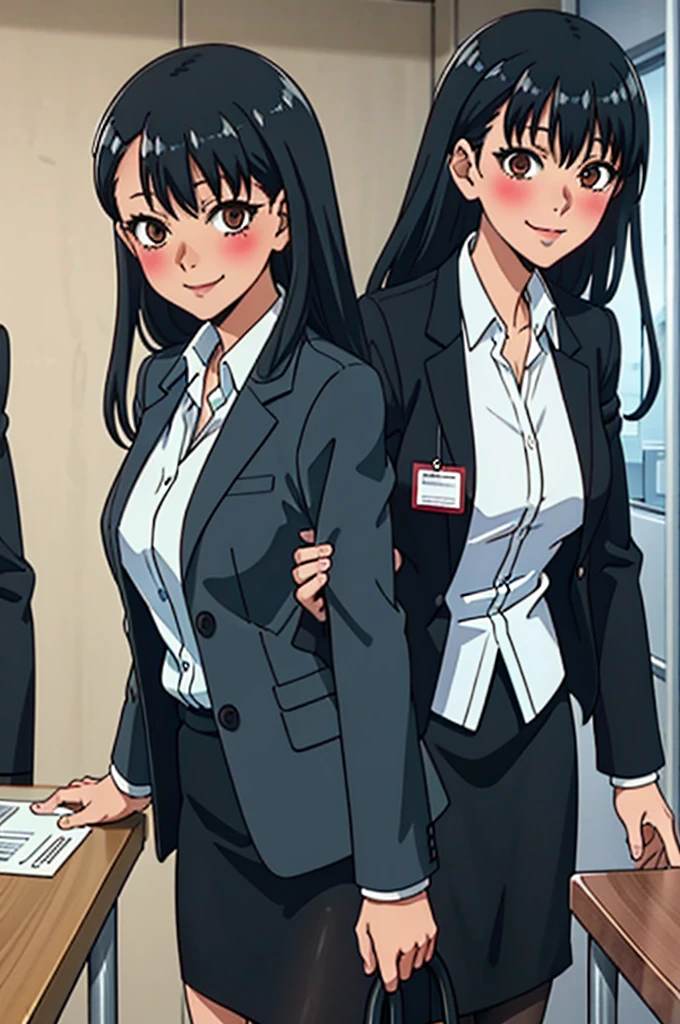 (modern office indoors), 1lady solo, (black medium hair) bangs, (suit jacket, pencil_skirt), (black pantyhorse), ((id card)), blush kind smile, (masterpiece best quality:1.2), delicate illustrations, high resolution, super detail, huge breasts, nagatoro hayase