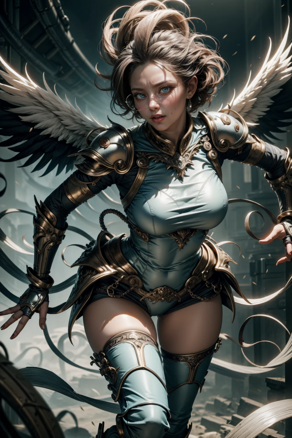 angelic woman, blue color, bluish armor, standing sexy with glasses, tomboy short hair, and white wings, movement pose, fully body, hands on breasts
