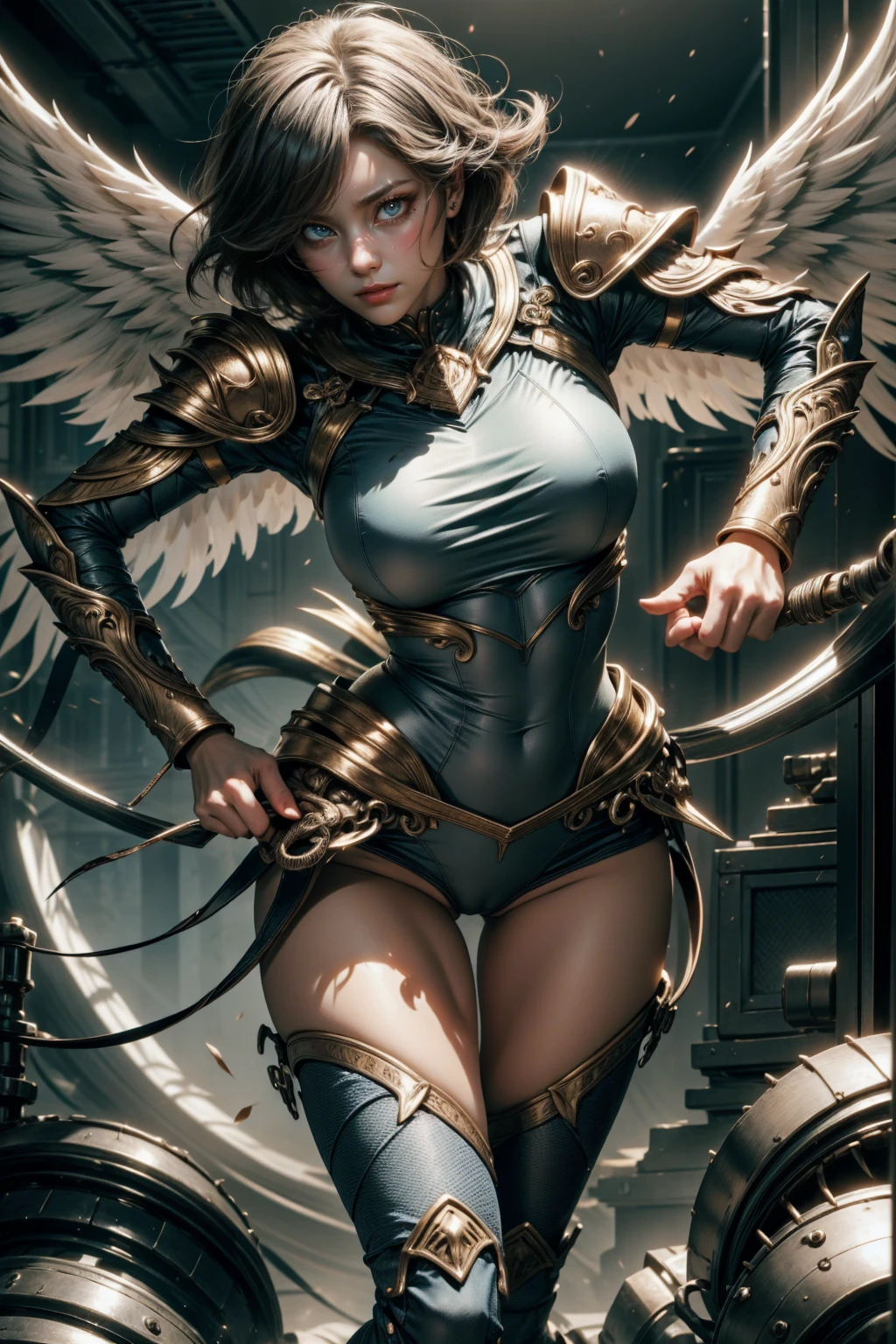 angelic woman, blue color, bluish armor, standing sexy with glasses, tomboy short hair, and white wings, movement pose, fully body, hands on breasts
