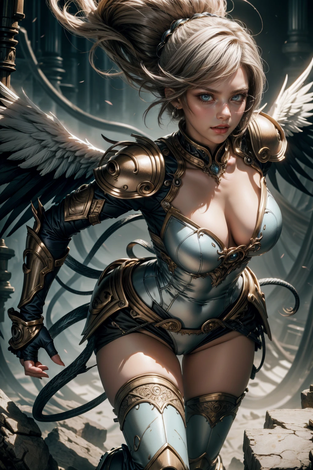 angelic woman, blue color, bluish armor, standing sexy with glasses, tomboy short hair, and white wings, movement pose, fully body, hands on breasts