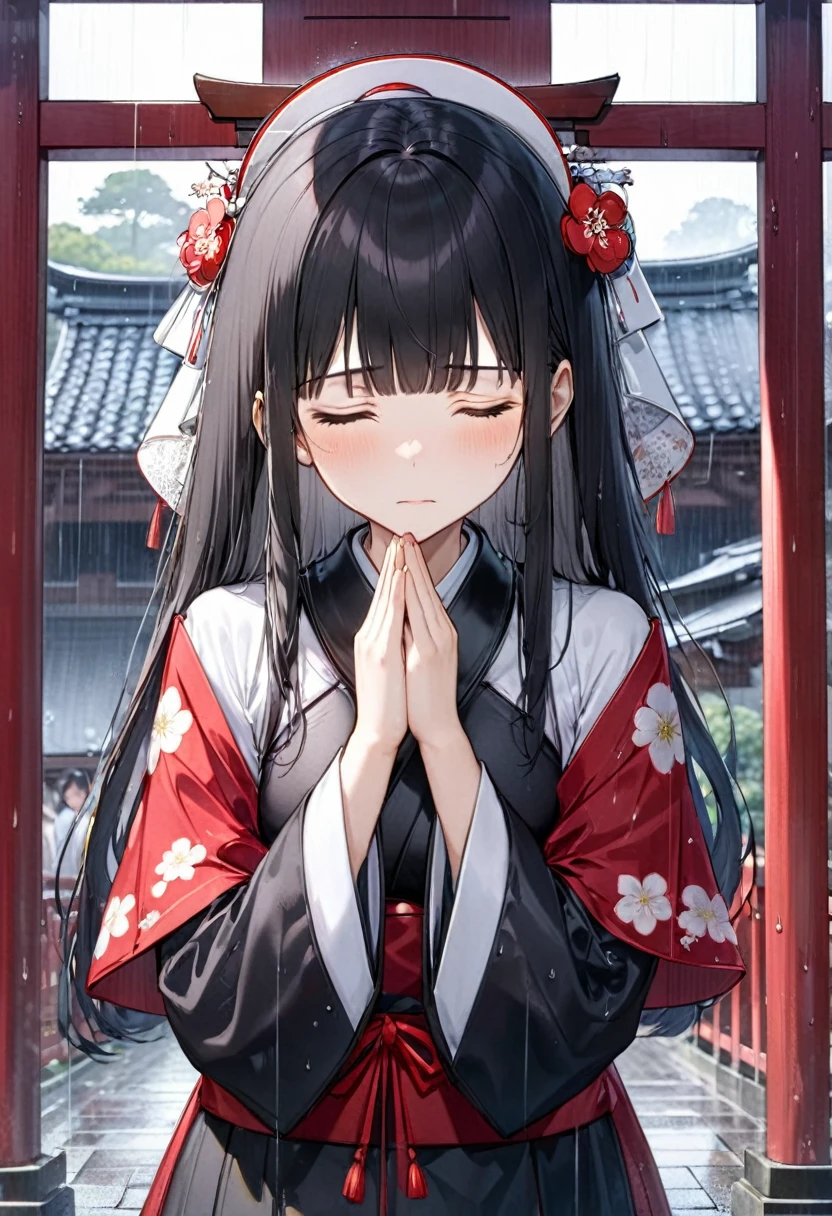 (Memorial ,style) (Pressing palms together in prayer) (in a lady Mourning Costume), break, (solo:2, 15 yo, blunt bangs:1.2 black hair long hair shrine maiden girl, sad closed eyes, tears of eyes), (praying to Grandmother), in the Dazaifu Tenmangu Shrine Memorial Tower, background rainy sky, BREAK, perfect anatomy, masterpiece, best quality, 16k, beautiful detailed rainy, daydreaming expression.