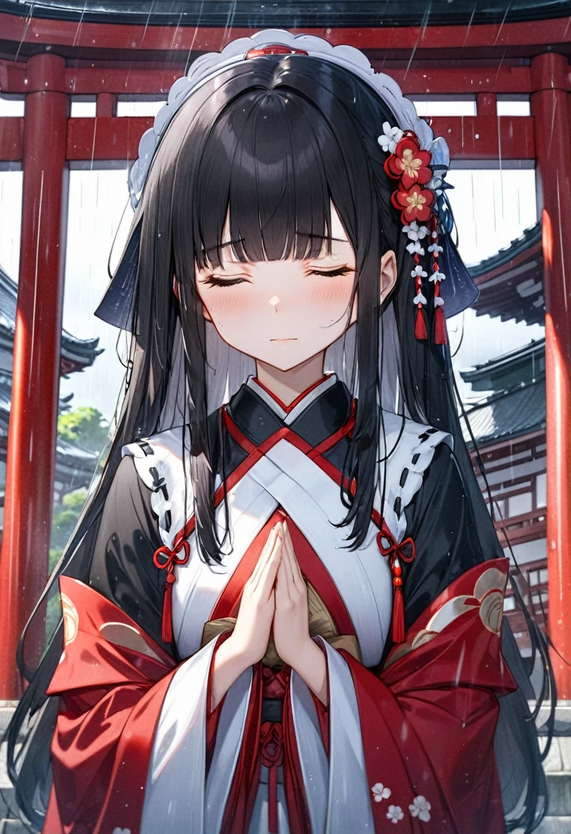 (Memorial ,style) (Pressing palms together in prayer) (in a lady Mourning Costume), break, (solo:2, 15 yo, blunt bangs:1.2 black hair long hair shrine maiden girl, sad closed eyes, tears of eyes), (praying to Grandmother), in the Dazaifu Tenmangu Shrine Memorial Tower, background rainy sky, BREAK, perfect anatomy, masterpiece, best quality, 16k, beautiful detailed rainy, daydreaming expression.