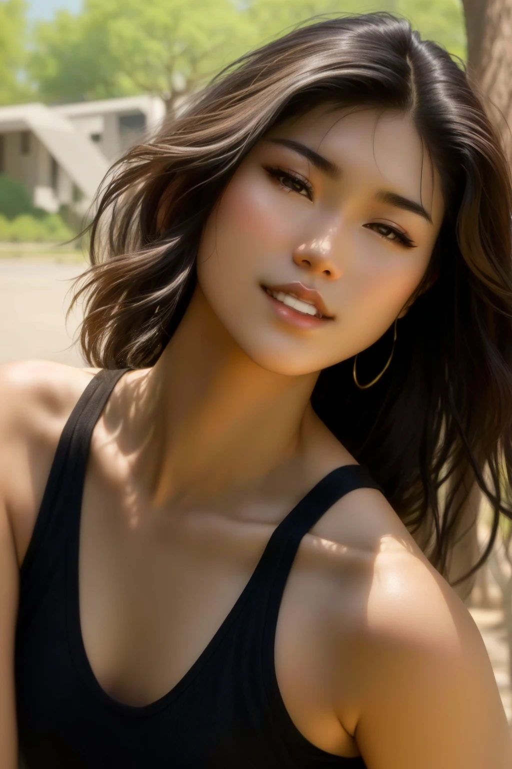 araffe with long hair and a black tank top standing next to a tree, beautiful young asian woman, a young asian woman, gorgeous young korean woman, young asian woman, beautiful asian woman, she is wearing a black tank top, beautiful young korean woman, beautiful asian girl, young asian girl, an asian woman, beautiful south korean woman, asian woman