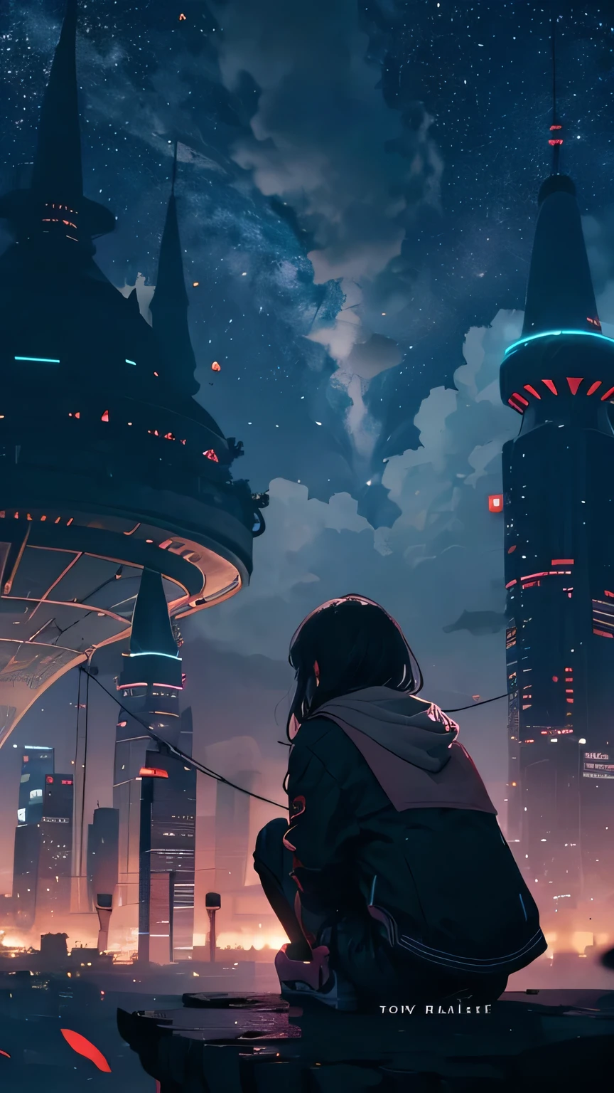 Octane, null, star (null), scenery, starry null, night, One girl, night null, alone, Outdoor, building, cloud, milky way, Sitting, wood, Long Hair, city, silhouette, cityscape