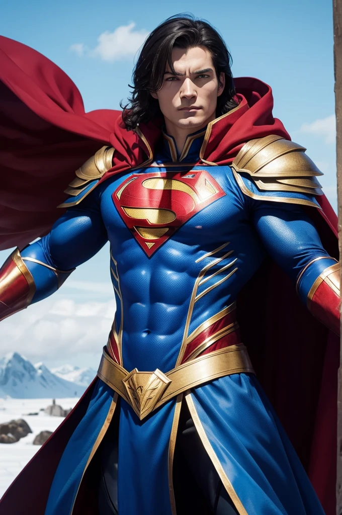 A Siberian-style God with blue armor and a Superman-style cape.