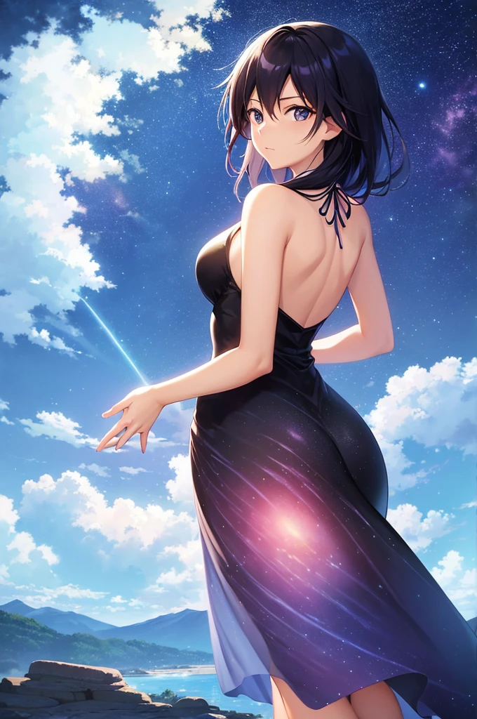 anime scenery of a woman and man standing on a rock looking at the sky, cosmic skies. by makoto shinkai, makoto shinkai cyril rolando, beautiful anime scene, anime sky, anime art wallpaper 4 k, anime art wallpaper 4k, anime art wallpaper 8 k, anime beautiful peace scene, in style of makoto shinkai, 4k anime wallpaper