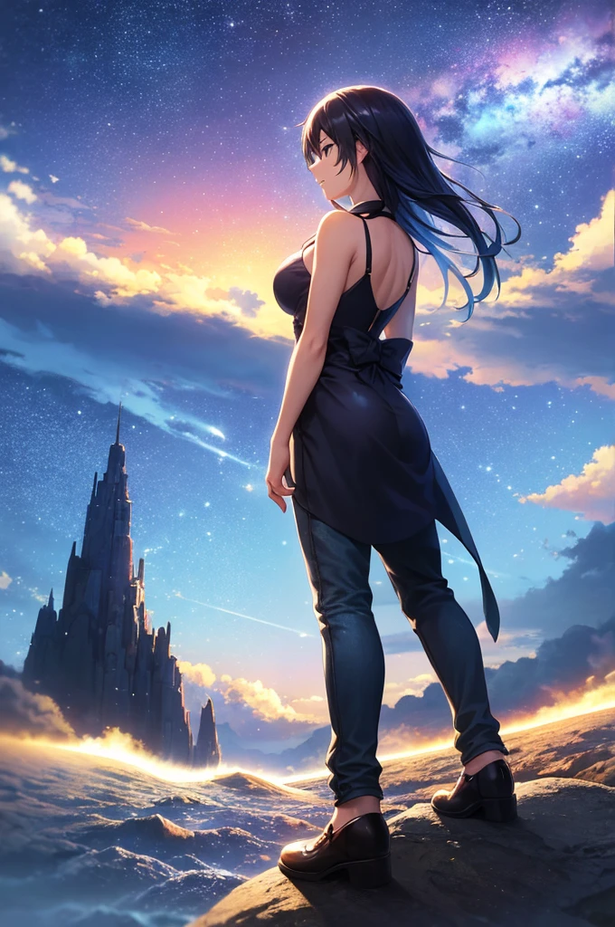 anime scenery of a woman and man standing on a rock looking at the sky, cosmic skies. by makoto shinkai, makoto shinkai cyril rolando, beautiful anime scene, anime sky, anime art wallpaper 4 k, anime art wallpaper 4k, anime art wallpaper 8 k, anime beautiful peace scene, in style of makoto shinkai, 4k anime wallpaper