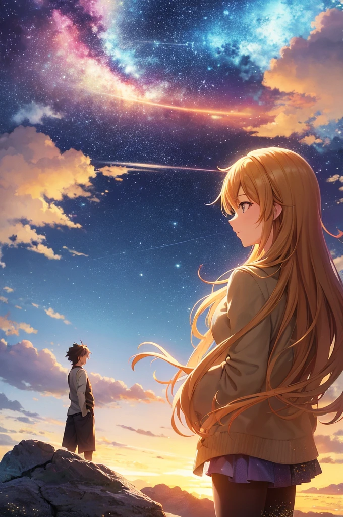 anime scenery of a woman and man standing on a rock looking at the sky, cosmic skies. by makoto shinkai, makoto shinkai cyril rolando, beautiful anime scene, anime sky, anime art wallpaper 4 k, anime art wallpaper 4k, anime art wallpaper 8 k, anime beautiful peace scene, in style of makoto shinkai, 4k anime wallpaper
