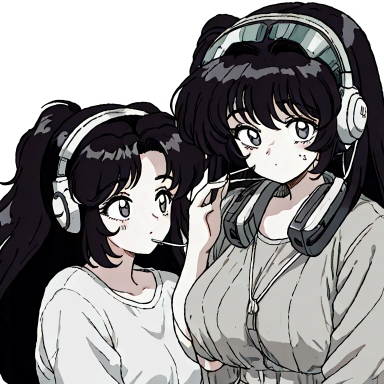 an anime girl with an expression of exhaustion and tiredness, in the 80s style using a telemarketing headset