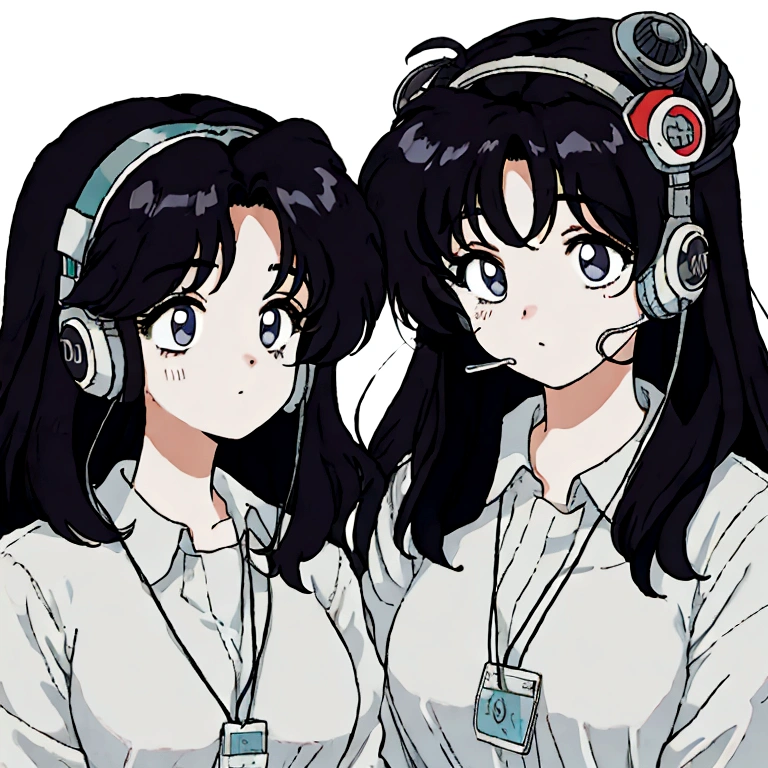 an anime girl with an expression of exhaustion and tiredness, in the 80s style using a telemarketing headset