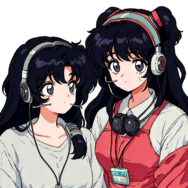 an anime girl with an expression of exhaustion and tiredness, in the 80s style using a telemarketing headset