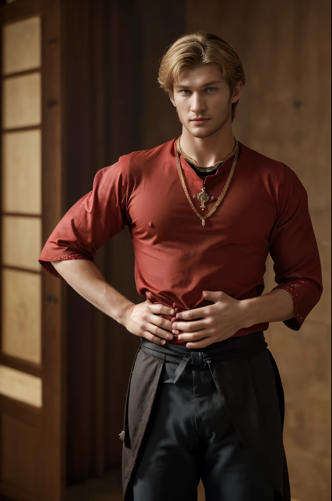 30 years old man, wearing a medieval classic style red tunic, made of cotton fabric, the tunic has elaborate details, with sleeves, The pants are black cotton, He wears a thick, heavy gold necklace. The man has light blond hair, long, which gives it an air of nobility and elegance, his face resembles that of Alex Pettyfer and seriously, with an expression of authority, He is standing, in full body image, with an  and dignified posture, conveying confidence and presence, The background is a luxurious environment