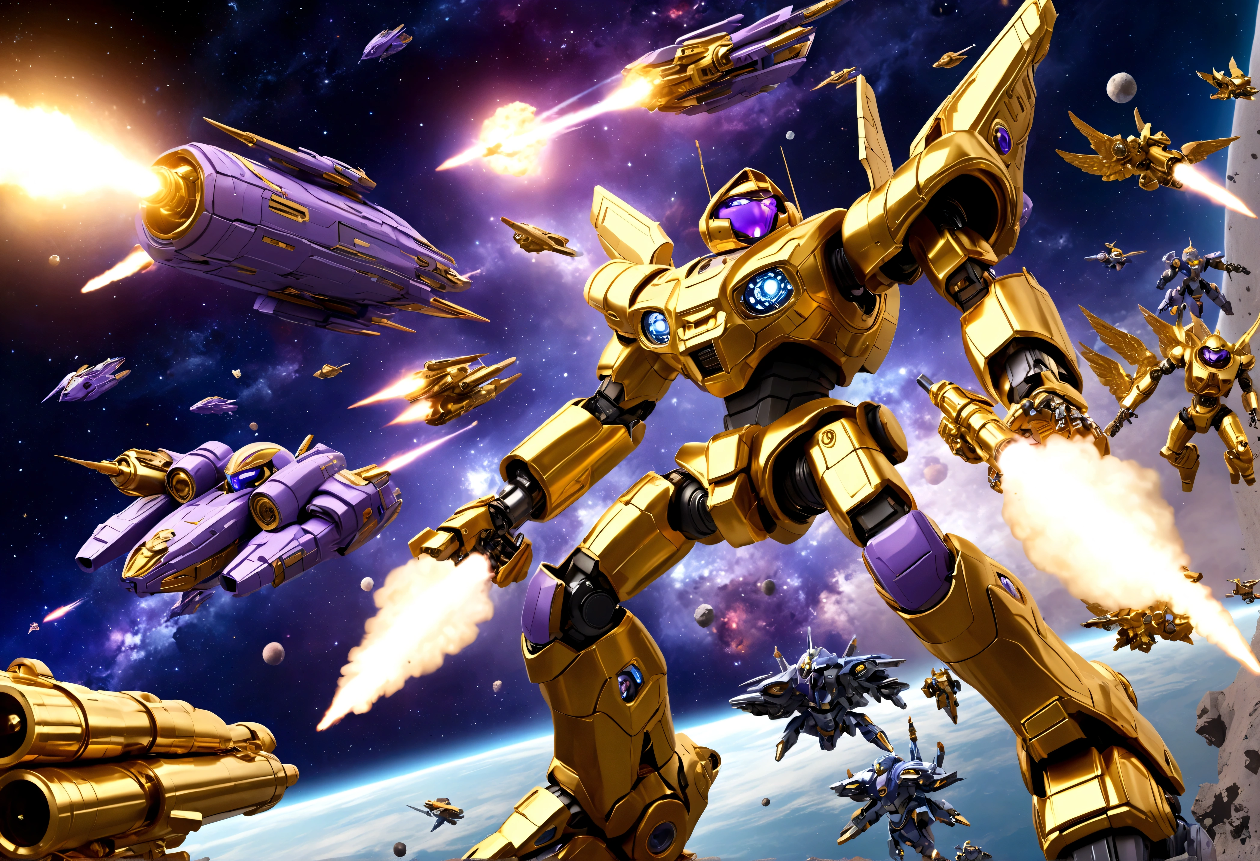 (A group of space warships themed around gold and religious motifs and angels) is in a shooting space battle with a force of cold robotic foes (violet and chrome color scheme, big cannons, humanoids giant robots) Deep space battle, lots of stars, small fighteer craft explode and fight one another as the big ships launch devastating volleys at one another