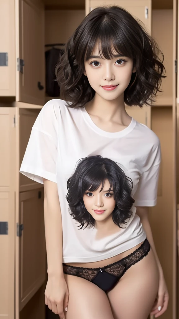 locker room,(Highest quality, Very detailed, masterpiece:1.2), 1 female, Very thin body, length, Thin legs, ((Black wavy short hair:1.2)), ((Thick and fluffy bangs)), Very detailedな顔,A faint smile, small, Thin Nose, small thin mouth, Extremely sharply focused eyes, Japanese, Beautiful Face, Realistic eyes, Beautiful and beautiful eyes, Realistic Skin, Beautiful Skin, charm, (Lively Faces), Beautiful Hairstyles,In underwear,(T-Shirts,Panties Panty Pull)