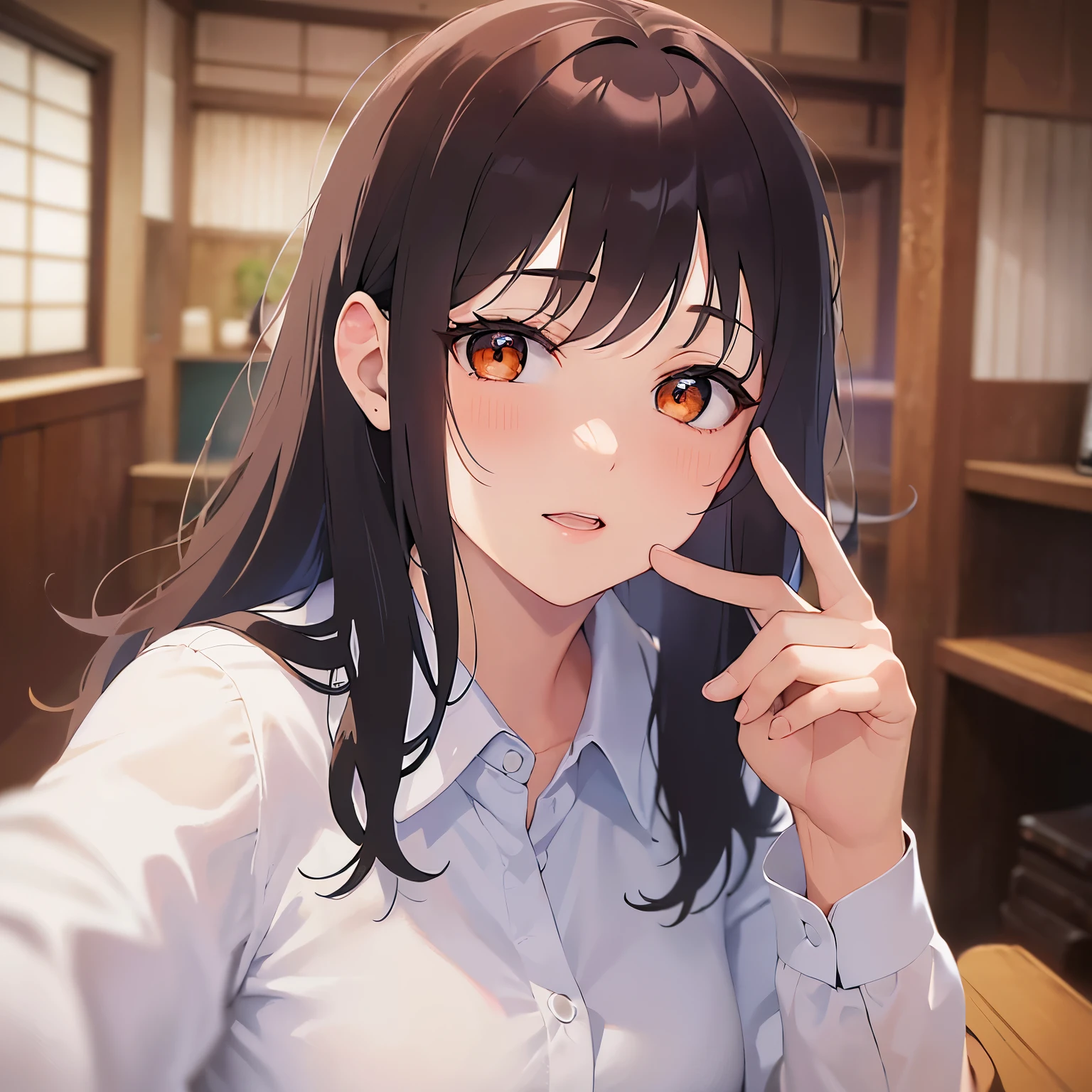 Detailed CG,Ultra-fine illustrations,masterpiece,Highest quality,AW Photo,Realistic,Upper Body,BREAK(white collared shirt:1.5)BREAK,(Pale skin:1.2),Glossy skin, shiny hair,(A 28-year-old woman with medium-length hair and bangs)and(wavy hair)and(brown hair)and(Orange Eyes:1.3),(A little sleepy face),(blush:1.3),The background is the interior of the izakaya,(sake cup on hand),(Biologically correct５Finger),alone