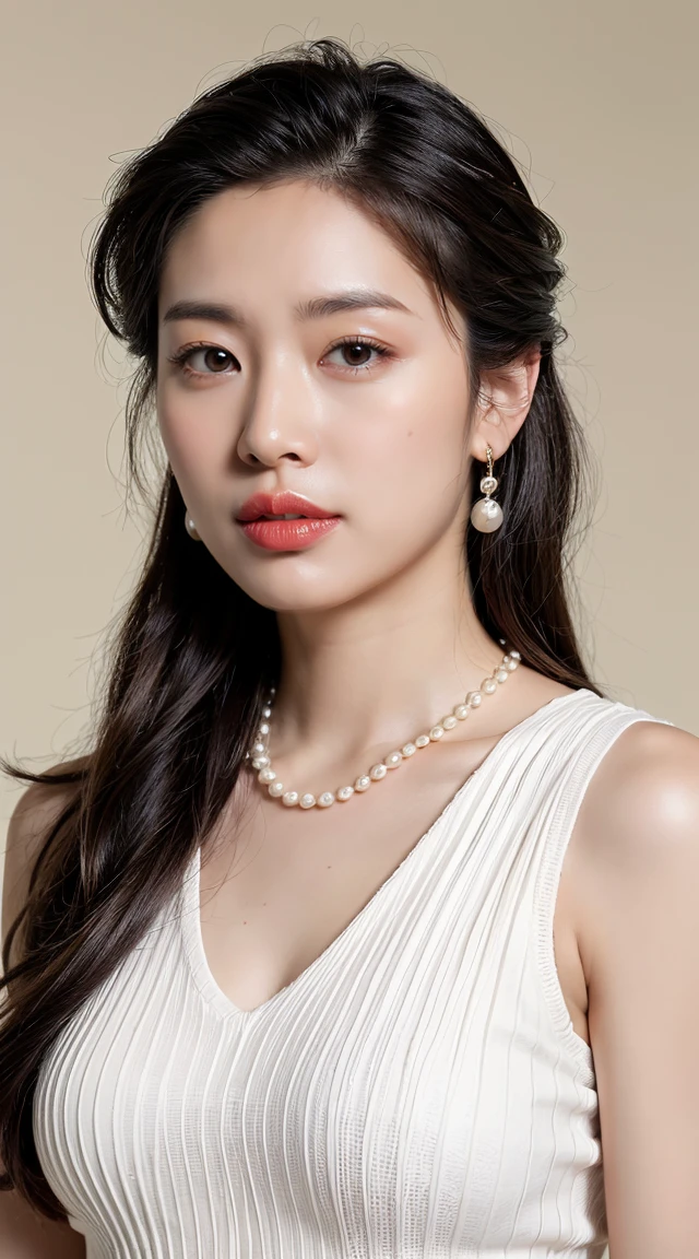 ((Highest quality, 8K, Portrait Photography: 1.3)), (Viewer Display), Photorealism,  Sharp focus, alone, beauty products,Medium Long Hair,Pearl Necklace、Pearl Earrings、 Accentuate your breasts, ((((Photograph the whole body)))),(V-neck sleeveless knit dress)，30 years old、Floral Background