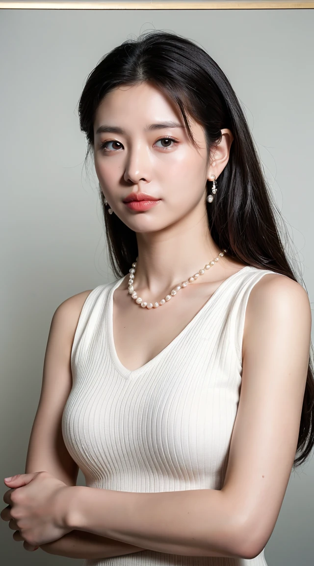 ((Highest quality, 8K, Portrait Photography: 1.3)), (Viewer Display), Photorealism, Sharp focus, alone, beauty products,Medium Long Hair,Pearl Necklace、Pearl Earrings、 Accentuate your breasts, ((((Photograph the whole body)))),(V-neck sleeveless knit dress),30 years old、Floral Background