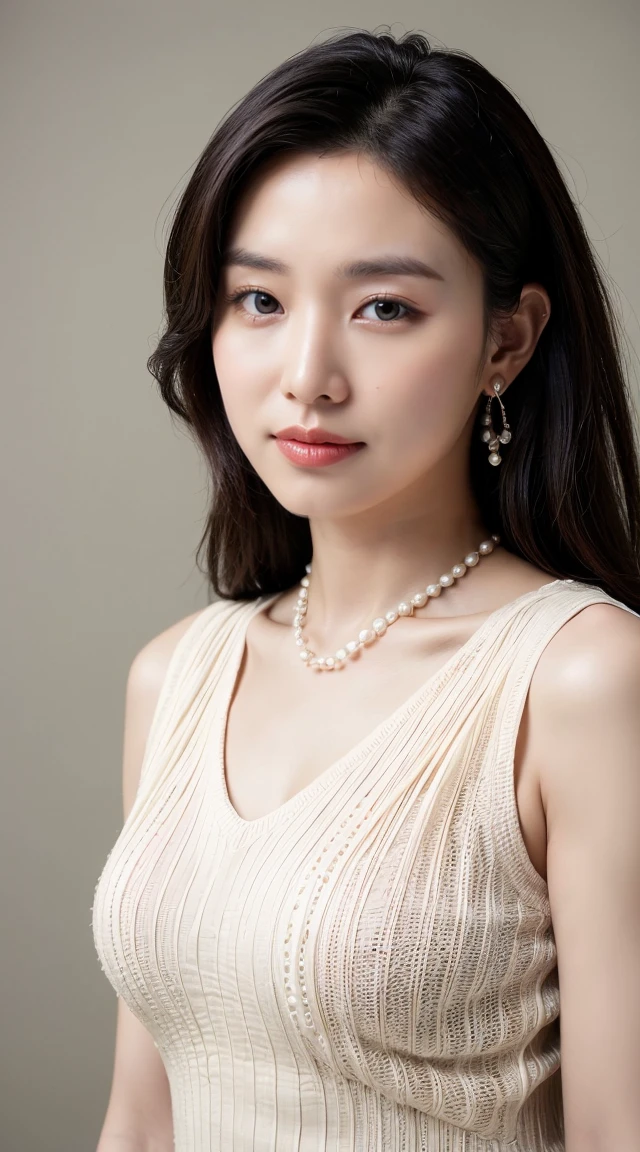 ((Highest quality, 8K, Portrait Photography: 1.3)), (Viewer Display), Photorealism,  Sharp focus, alone, beauty products,Medium Long Hair,Pearl Necklace、Pearl Earrings、 Accentuate your breasts, ((((Photograph the whole body)))),(V-neck sleeveless knit dress)，30 years old、Floral Background