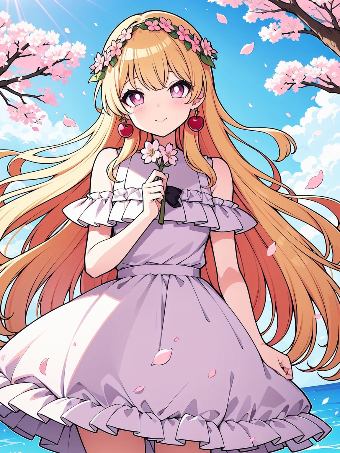 art by Cornflower, dreamy, cherry_blossoms, falling_petals, petals, branch, pink_flower, 1girl,20-year-old, blue_sky, spring_(season), petals_on_liquid, flower, hanami, dress, (Long blond curly hair:1.5),Wearing a wreath,sky, outdoors, cloud, bangs, smile, pink_eyes, White skirt with cherry blossom embellishments, bare_shoulders, earrings, holding_flower, wind, tree, looking_at_viewer,cowboy shot,