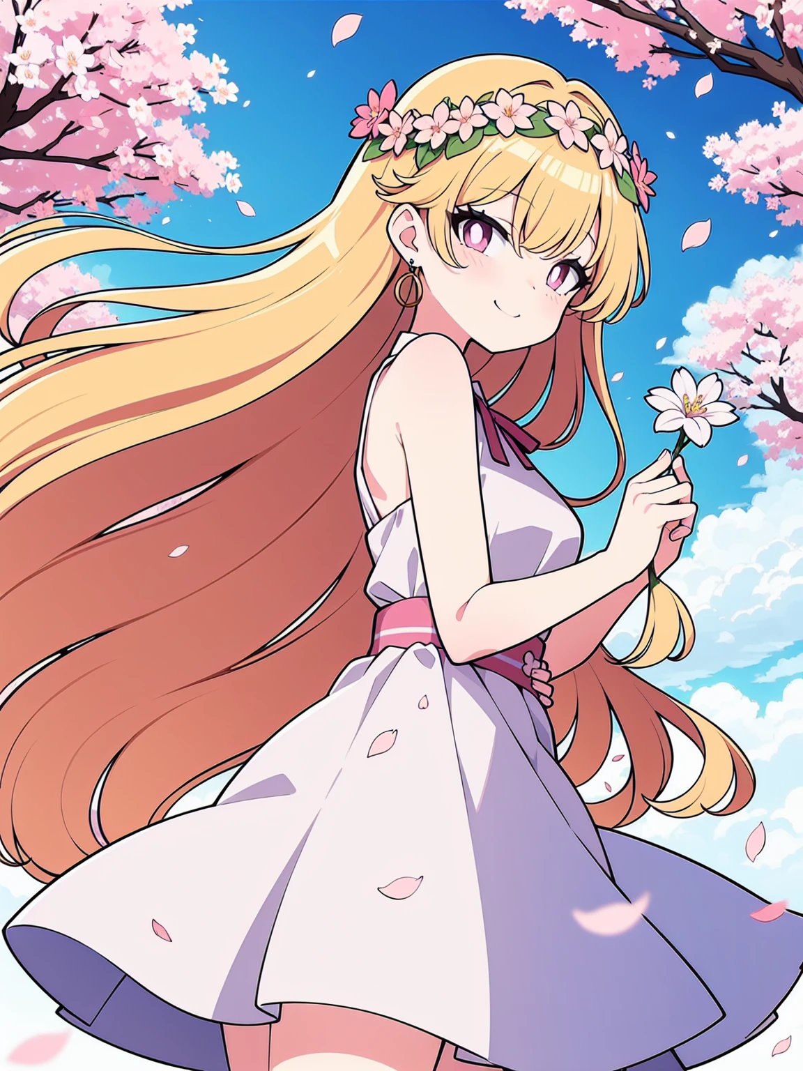 art by Cornflower, dreamy, cherry_blossoms, falling_petals, petals, branch, pink_flower, 1girl,20-year-old, blue_sky, spring_(season), petals_on_liquid, flower, hanami, dress, (Long blond curly hair：1.5),Wearing a wreath,sky, outdoors, cloud, bangs, smile, pink_eyes, White skirt with cherry blossom embellishments, bare_shoulders, earrings, holding_flower, wind, tree, looking_at_viewer,cowboy shot,