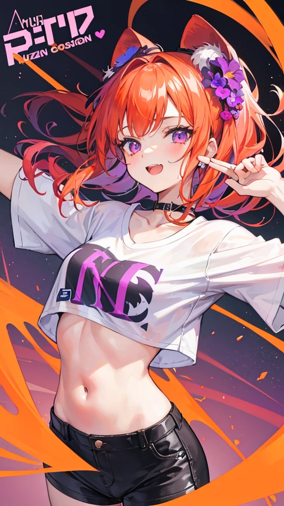 A 20-year-old girl who encourages fun, creativity and passion with orange and purple colors and have a shirt that says: Ruizter.