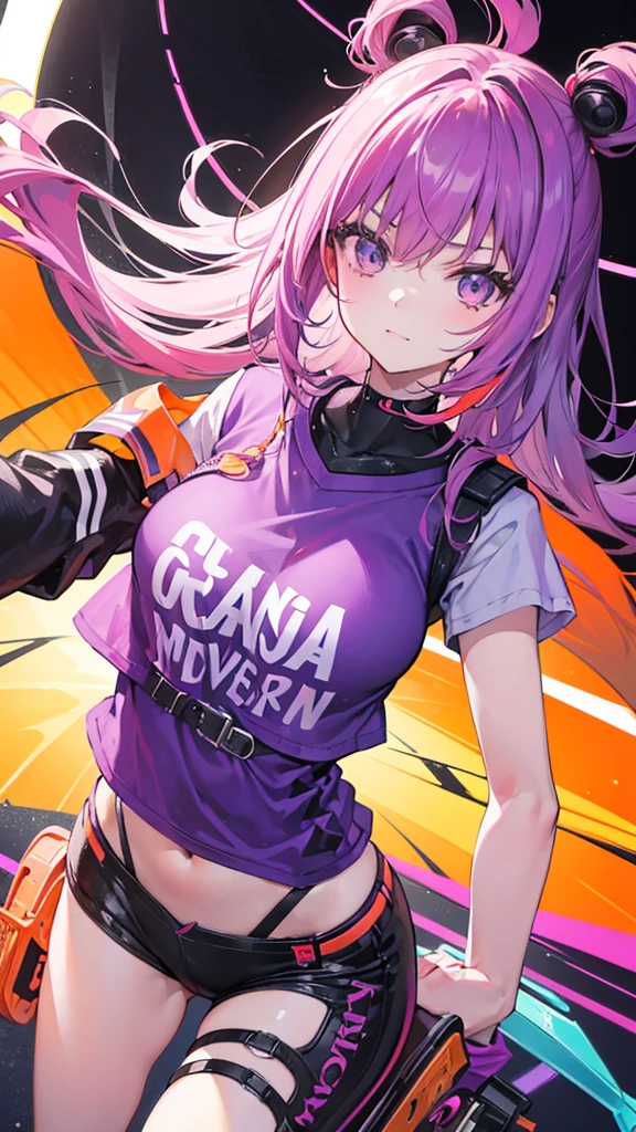 A 20-year-old girl who encourages fun, creativity and passion with orange and purple colors and have a shirt that says: Ruizter.
