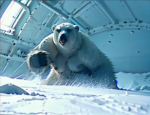 Bear attacks woman with a kick in the face , Female astronaut gets attacked in the face by polar bear , A frontal image of the moment of a polar bear attack on Expectador . The polar bear attacks the spectator with his binges, the bear is furious . Animal rage rage 