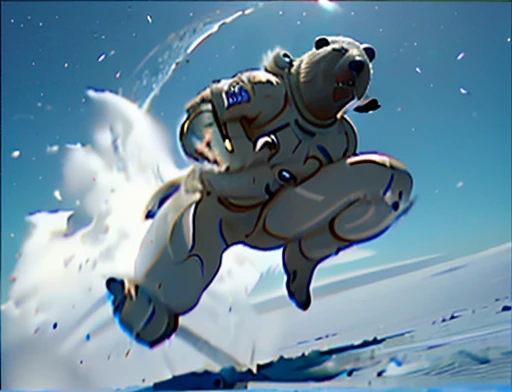 Bear attacks woman with a kick in the face , Female astronaut gets attacked in the face by polar bear , A frontal image of the moment of a polar bear attack on Expectador . The polar bear attacks the spectator with his binges, the bear is furious . Animal rage rage 