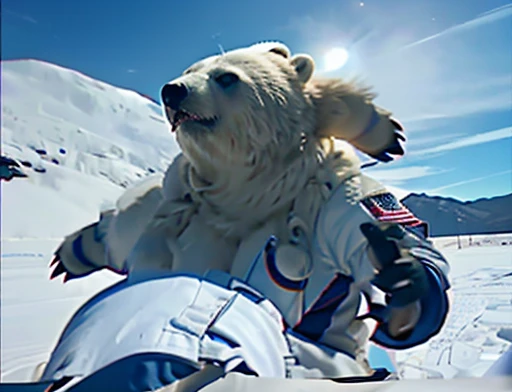 Bear attacks woman with a kick in the face , Female astronaut gets attacked in the face by polar bear , A frontal image of the moment of a polar bear attack on Expectador . The polar bear attacks the spectator with his binges, the bear is furious . Animal rage rage 