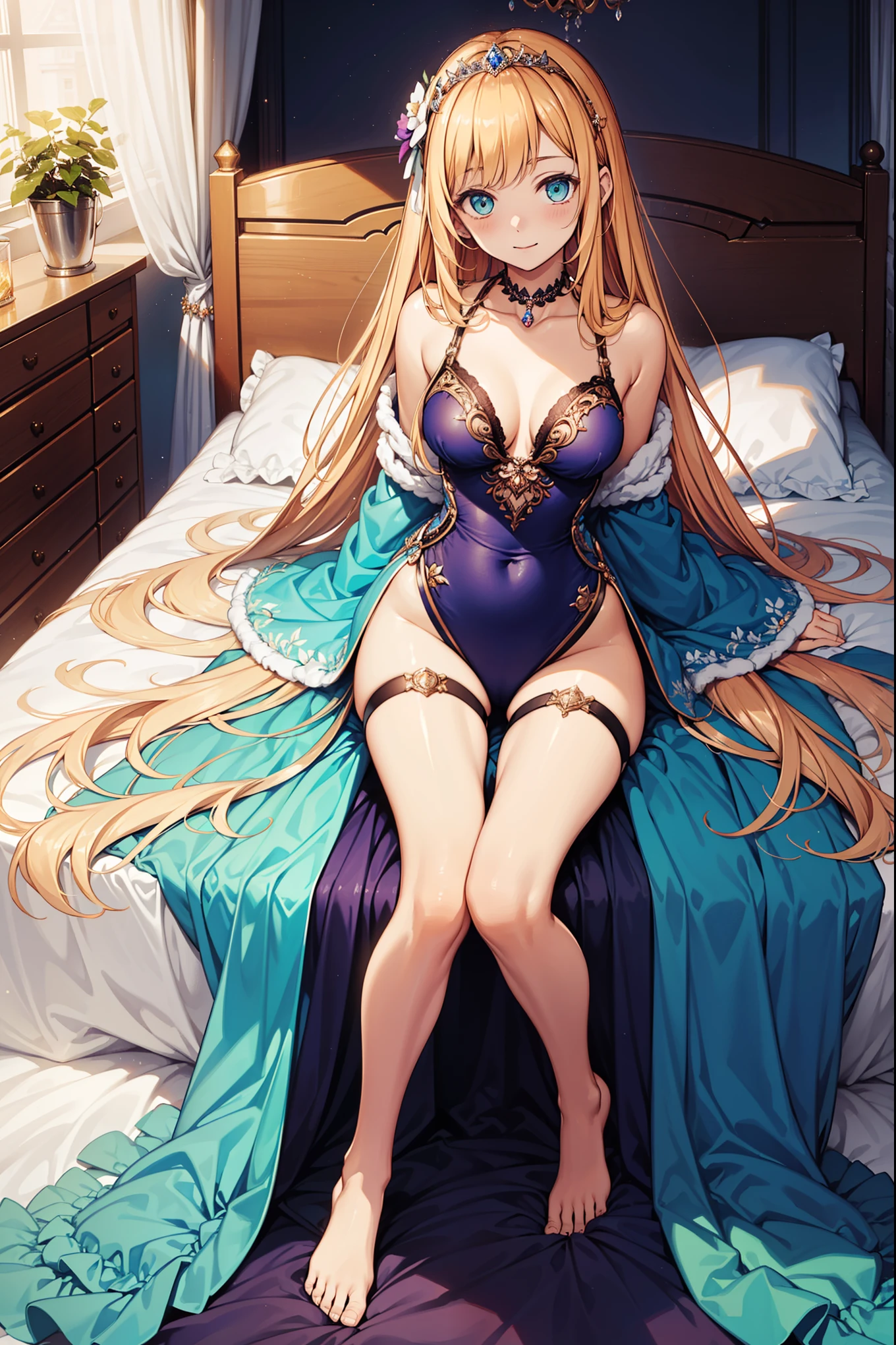 (Best quality,4K,8K,A high resolution,Masterpiece:1.2),s girl,Enchanted,having fun,Being in love,Light princess dress,blond hairbl,Sky Blue Eye,Deep purple swimsuit,A small amount of pale lake green cloth,A small amount of lace,A small number of folds,exquisite costumes,Royal bedroom with bed,solo person,the night
