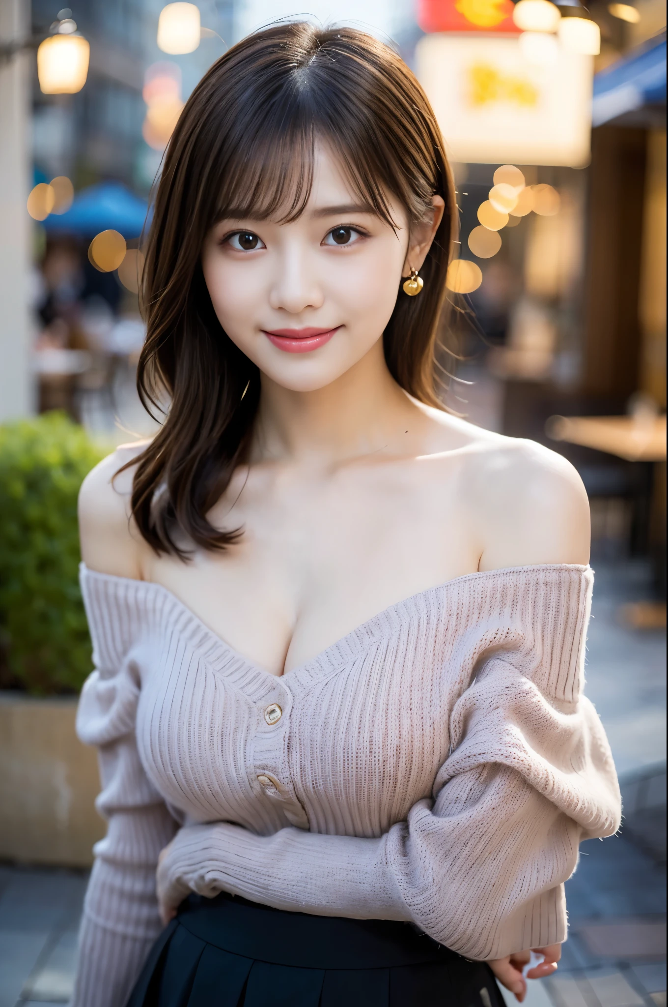 Tabletop, Highest quality,
Super detailed, In detail, High resolution, In 8K,
((Photorealistic:1.4, Raw photo, 超High resolution,Best image quality: 1.4)),
wallpaper,
((Perfect body composition 1.5)),
Beautiful attention to detail, Natural color lip,
((Gentle smile:1.5)),
((Random cute hairstyles)),
((Off-the-shoulder knit:1.5)),
((Random breast sizes from large to medium、Cleavage:1.2)),
((Wearing low-cut clothing and leaning forward:1.5)),
((Wear a random cute skirt:1.5)),
((Proudly、Eyeballs under the arms:0.9)),
((Peeking from below)),
((Background in front of a cafe at dusk、Ball Bokeh、Flare)),
((Random and cute expressions)),,
((((1 female:1.5))))
Highly detailed and professional lighting、
((Random and cute expressions:1.5))、
((I can see your thighs:1.5))