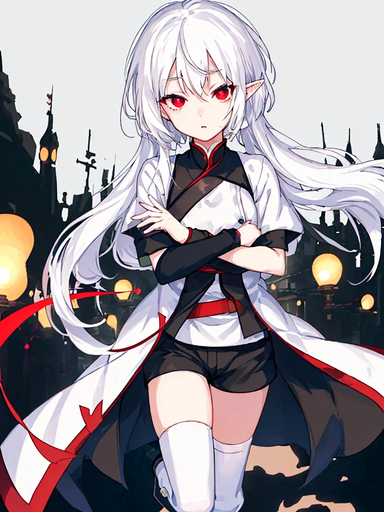 美Girl,High School Students,White hair,Elf耳,Short ears,dating competition,Elf,Girl,Match the picture,Same outfit as in the picture,More nuanced,More delicate,HD,Ultra-clear,whole body,detail,picture-perfectface,Normal hand,Cross your arms,Tomboy,Red pupil,红色横条纹Over the knee socks,Short shorts,Boots,Over the knee socks,No background,Standing