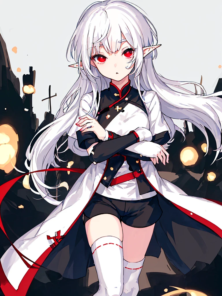 美Girl,High School Students,White hair,Elf耳,Short ears,dating competition,Elf,Girl,Match the picture,Same outfit as in the picture,More nuanced,More delicate,HD,Ultra-clear,whole body,detail,picture-perfectface,Normal hand,Cross your arms,Tomboy,Red pupil,红色横条纹Over the knee socks,Short shorts,Boots,Over the knee socks,No background,Standing