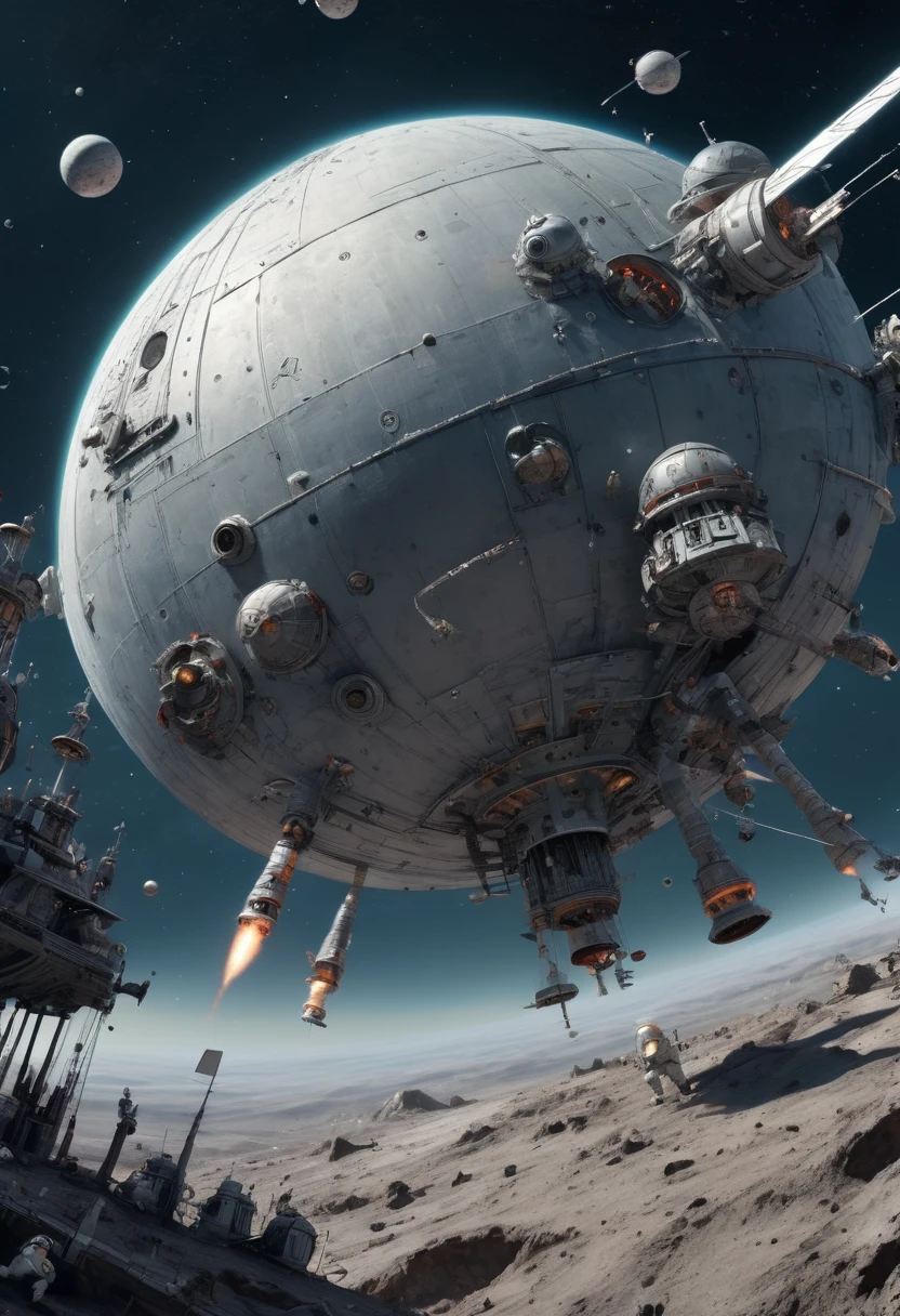 scene of space war, in outer space, inspired by W. Heath Robinson, best quality, masterpiece, Ultra high detail, 8k,(wide angle:1.5)