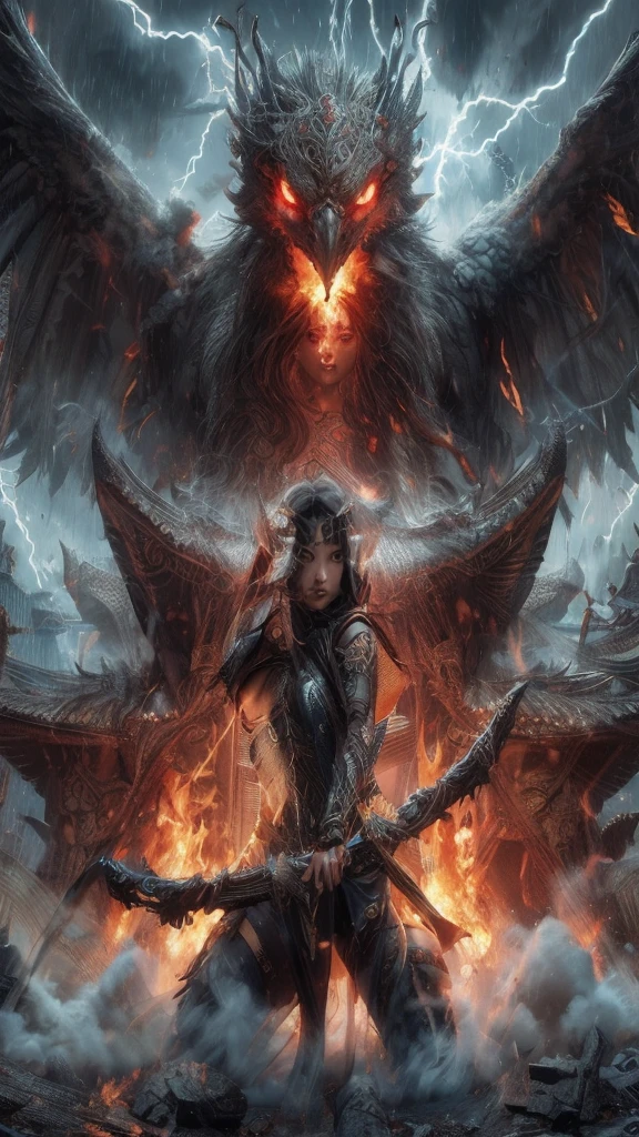 a masterpiece of mythology, a 26 year old Korean girl wearing a black warrior outfit complete with armor tightening her arms standing holding a large bow emitting huge lightning, a large Garuda bird with bright red eyes with red eyes emitting fire in its mouth looking angry, old Shaolin temple building behind the big explosion emitting big dirty smoke, , girl hiding from the big explosion, dragon, destruction, thick smoke, big fire, red blood, facing the camera