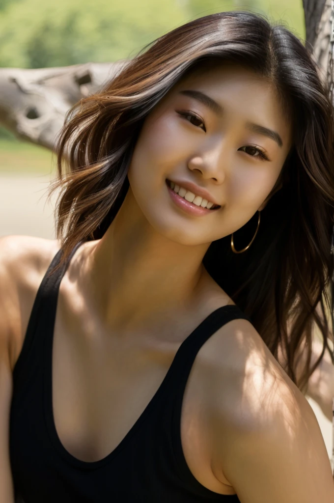 araffe with long hair and a black tank top standing next to a tree, beautiful young asian woman, a young asian woman, gorgeous young korean woman, young asian woman, beautiful asian woman, she is wearing a black tank top, beautiful young korean woman, beautiful asian girl, young asian girl, an asian woman, beautiful south korean woman, asian woman
