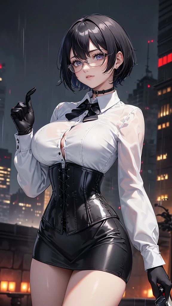 Masterpiece, Best Quality, (perfect anatomy,realist:1.3, front view, facial focus,(without looking at the viewer:1.2), (1 girl in:1), 1 woman, (big breasts:1.2), sexy body, thin waist, Attractive front curves, round and soft chest, disgusted face, (black fur:1.6, short hair), evening, Heavy Rain, exterior, City, crop top, transparent glasses, choker 1:6, (White long sleeve collar shirt:1.4), (corset black leather), black gloves covering hands, (shiny black tight mini skirt), blood stains, Dark alley, blood splattered on the floor, bright red light, bright Eyes, depth of field, night sky, Atmosphere, holding a sword with the right hand, perfect hands